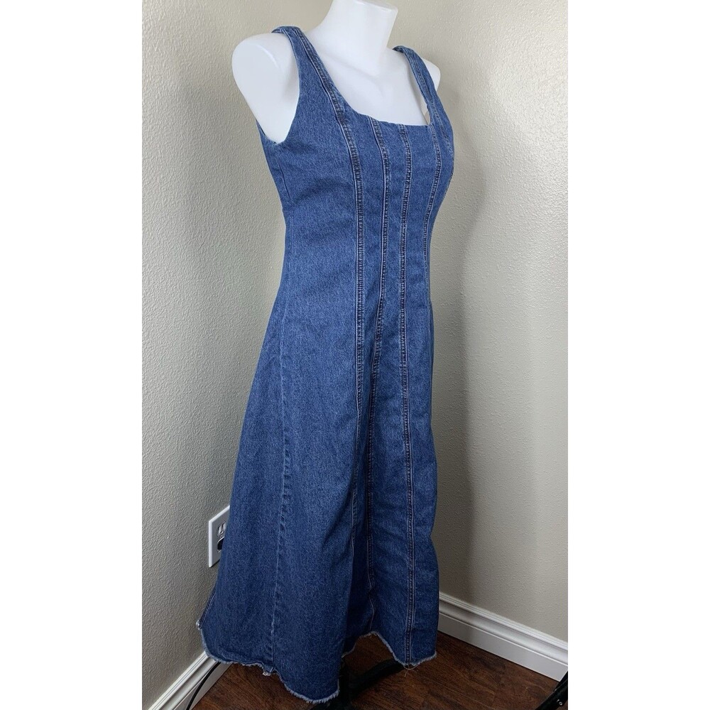 Joie Denim Blue Dress Cottage Core Zip Raw Hem Sz M Cotton Sleeveless